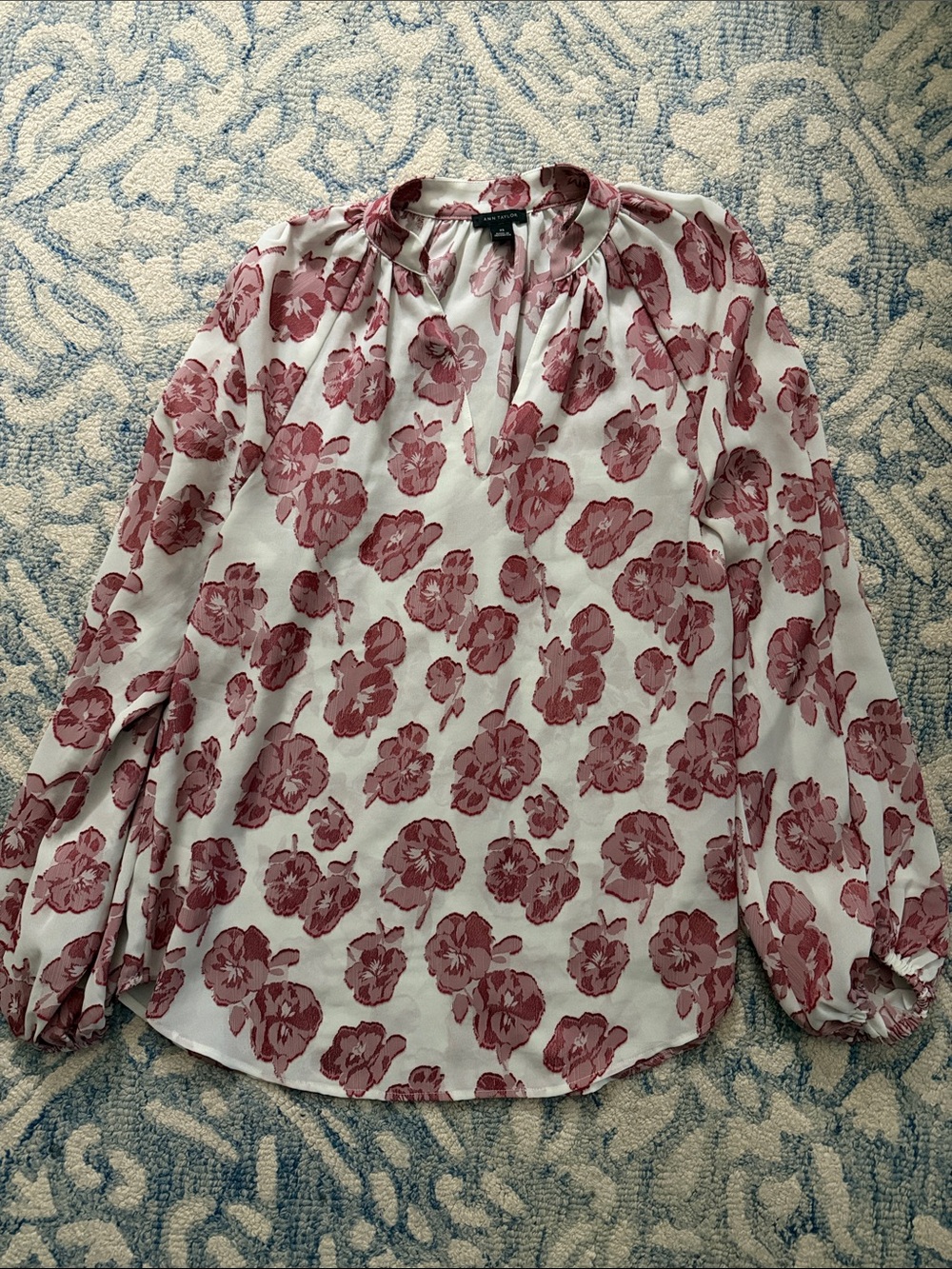 Ann Taylor White Blouse with Rose Pink Floral Print